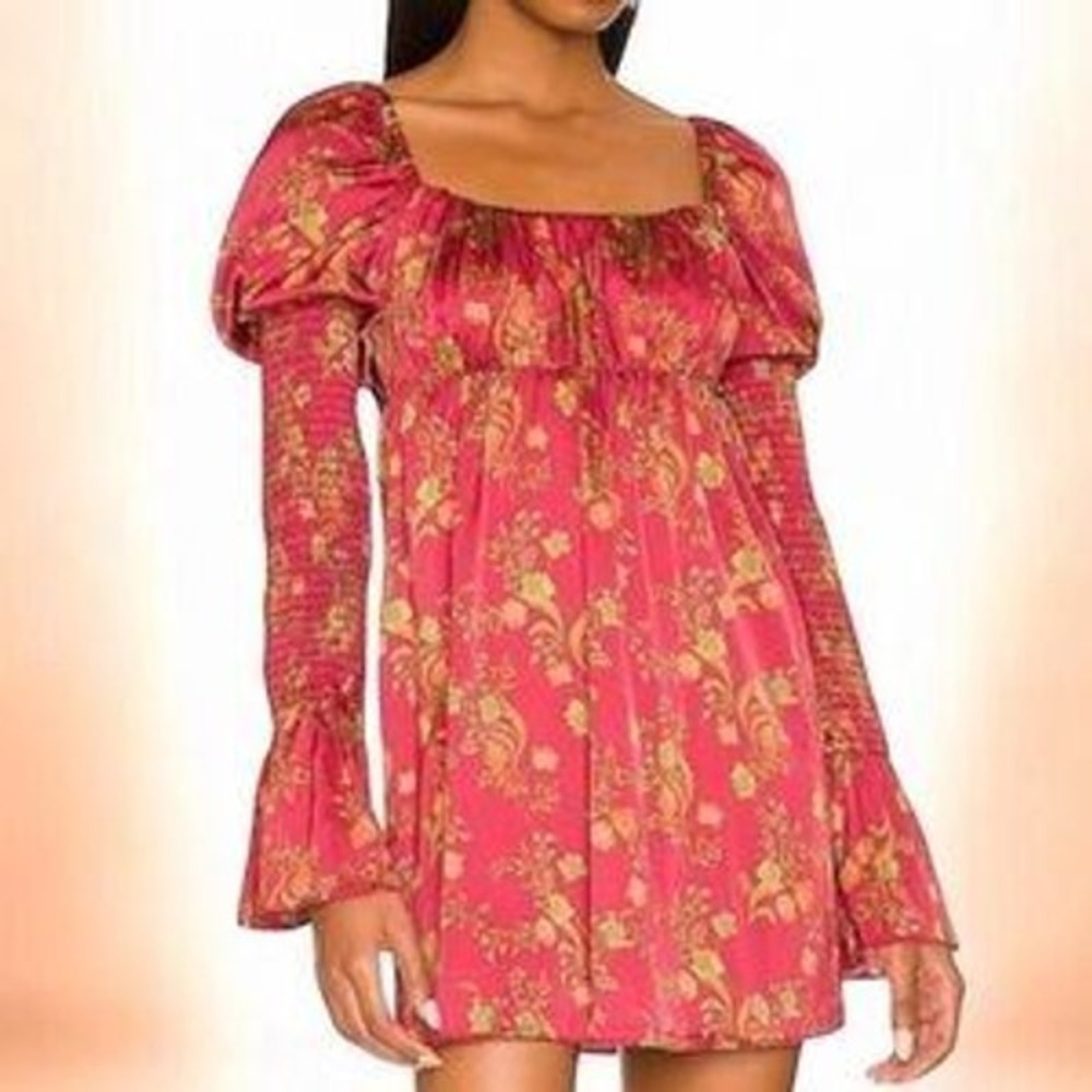 House of Harlow 1960‎ Dress Womens Large Red Burgundy Floral Smocked